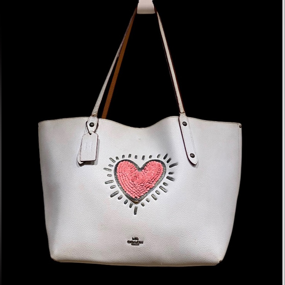 Coach White Tote with Pink Heart Appliqué